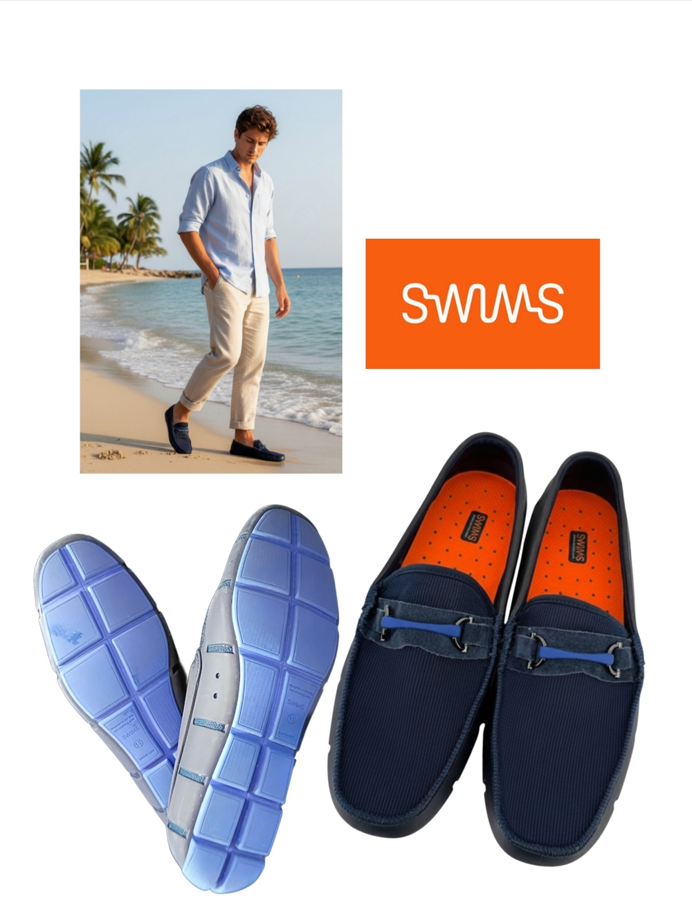 Swims - Mens Sporty Bit Loafers - Navy Boat Shoes with Orange Insole